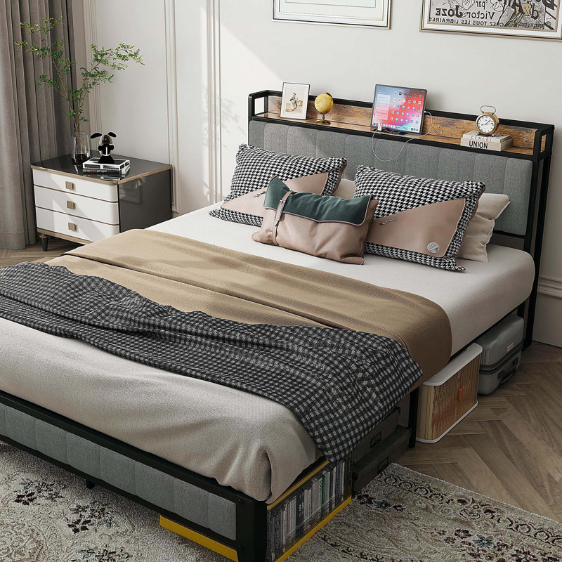 Structure de lit double avec station de charge, tête de lit tapissier, plateforme en métal, gris, Grand lit, Light Grey