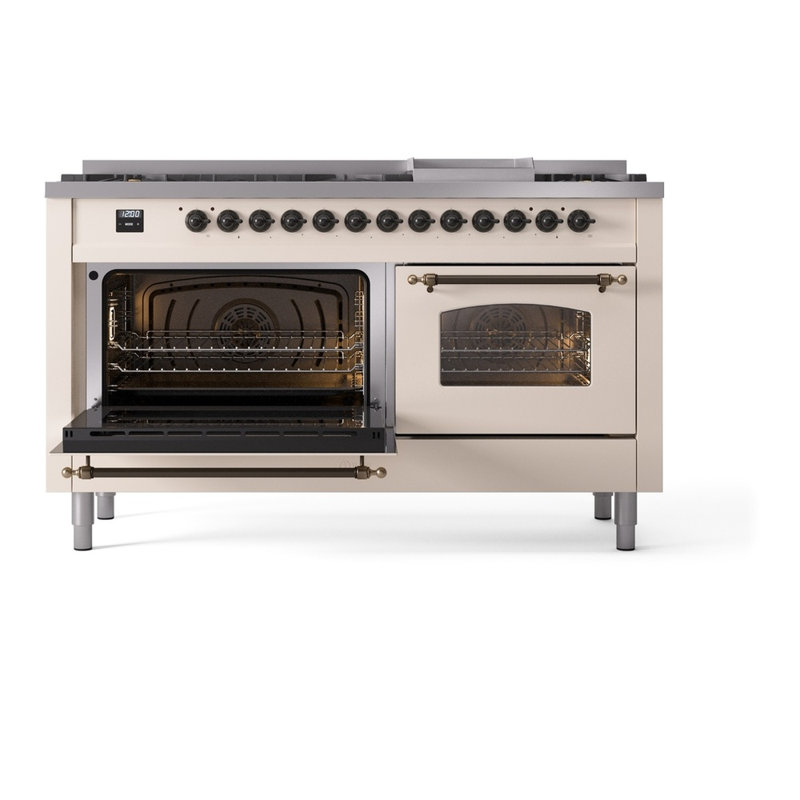ILVE Nostalgie II 60 Dual Fuel Range, 9 Burners, Griddle, Liquid Propane, Antique White/Bronze
