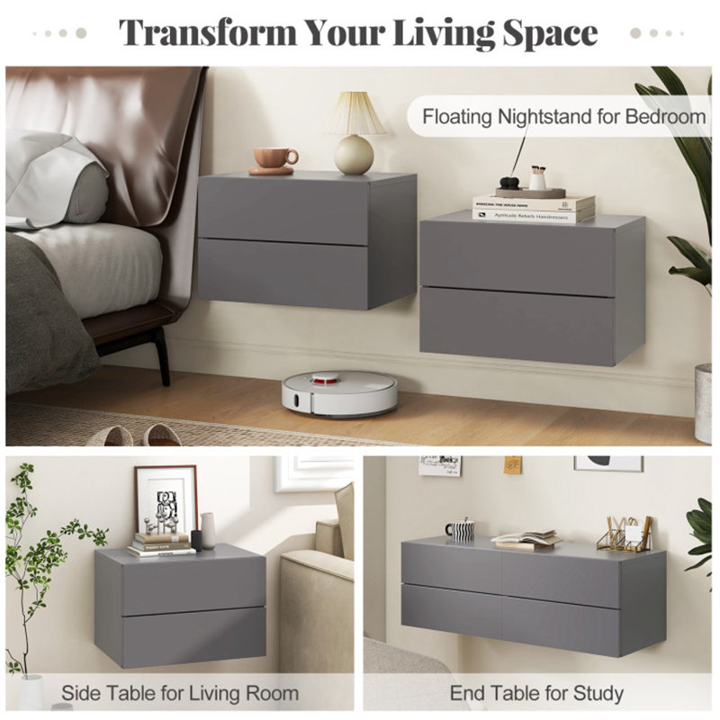 Floating Nightstand with Drawers and Storage Shelf