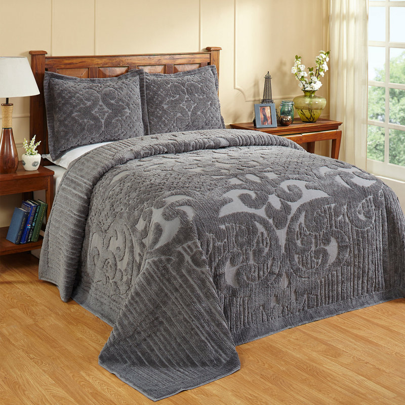 Ashton Collection 100% Cotton Chenille Twin Bedspread Set, Traditional Tufted Medallion Bedding with Matching Sham, OEKO-TEX Certified, Soft, Breathable, Machine Washable, All-Season, Gray