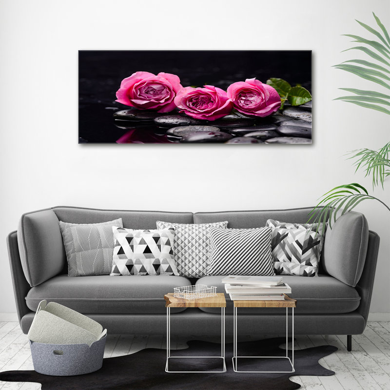 Pink Roses - No Frame Print on Glass, 50cm H x 125cm W x 2cm D, Canvas