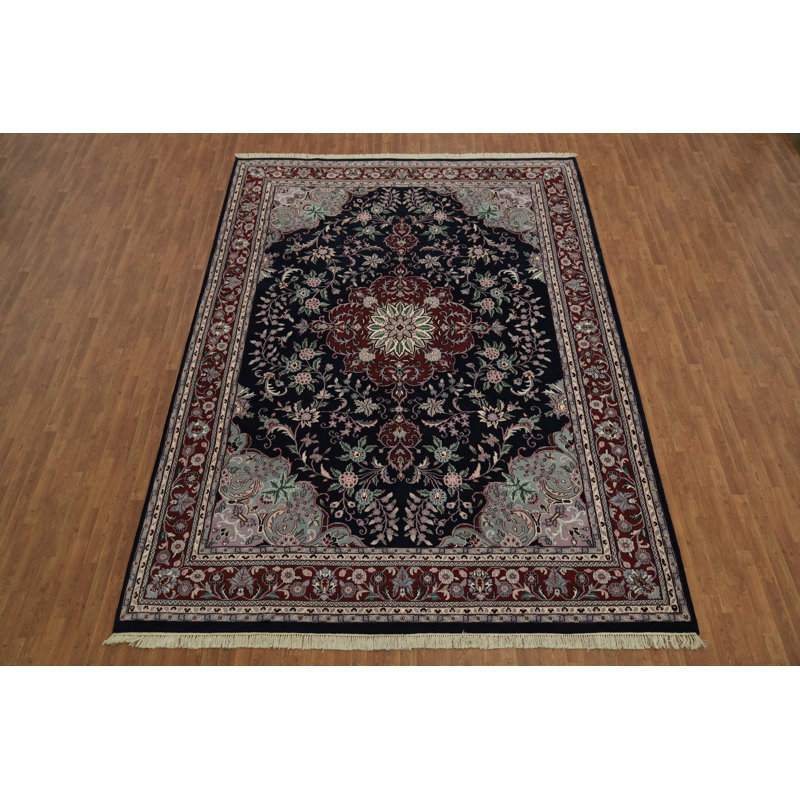 Tapis luxueux médaillon floral bleu marine et bourgogne avec élégance traditionnelle 10 x 14