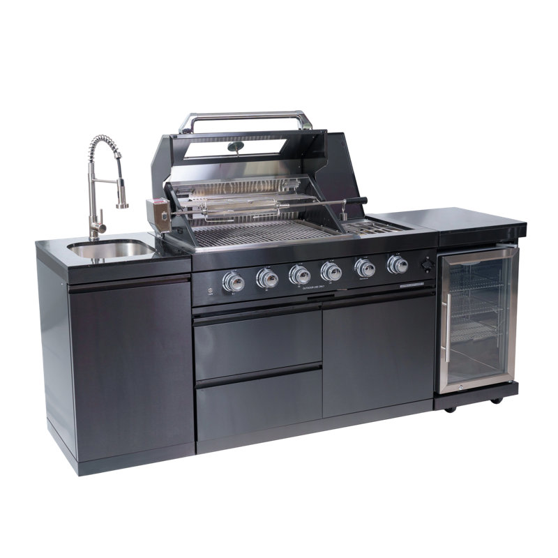 Îlot de cuisine 85 pouces à 4 brûleurs 72 000 BTU - Acier inoxydable de luxe avec évier, refroidisseur à vin, rôtissoire et comptoirs en granit