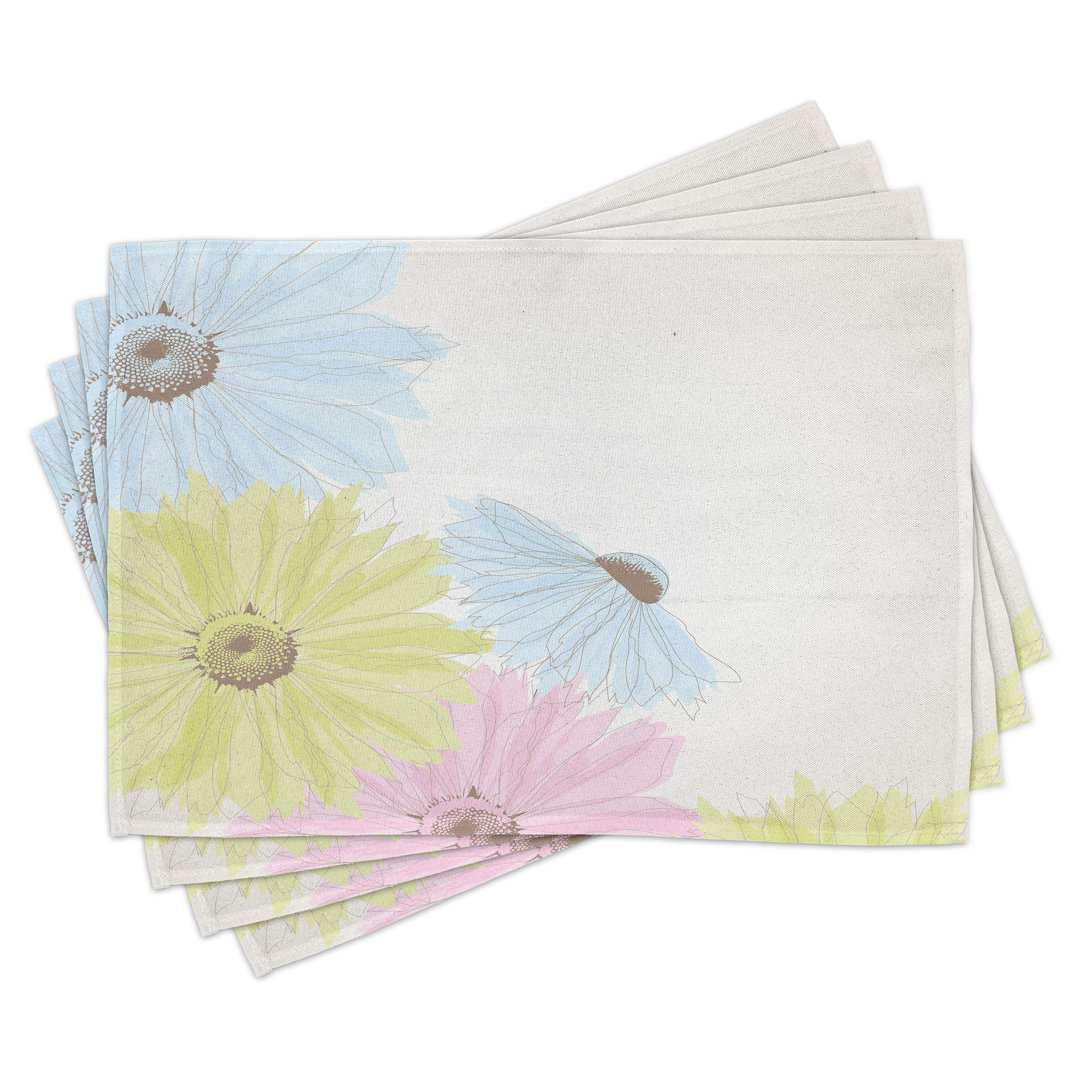 Platzdeckchen 4er-Set, bunte Gerbera-Gänseblümchen, blassgrün und blassblau