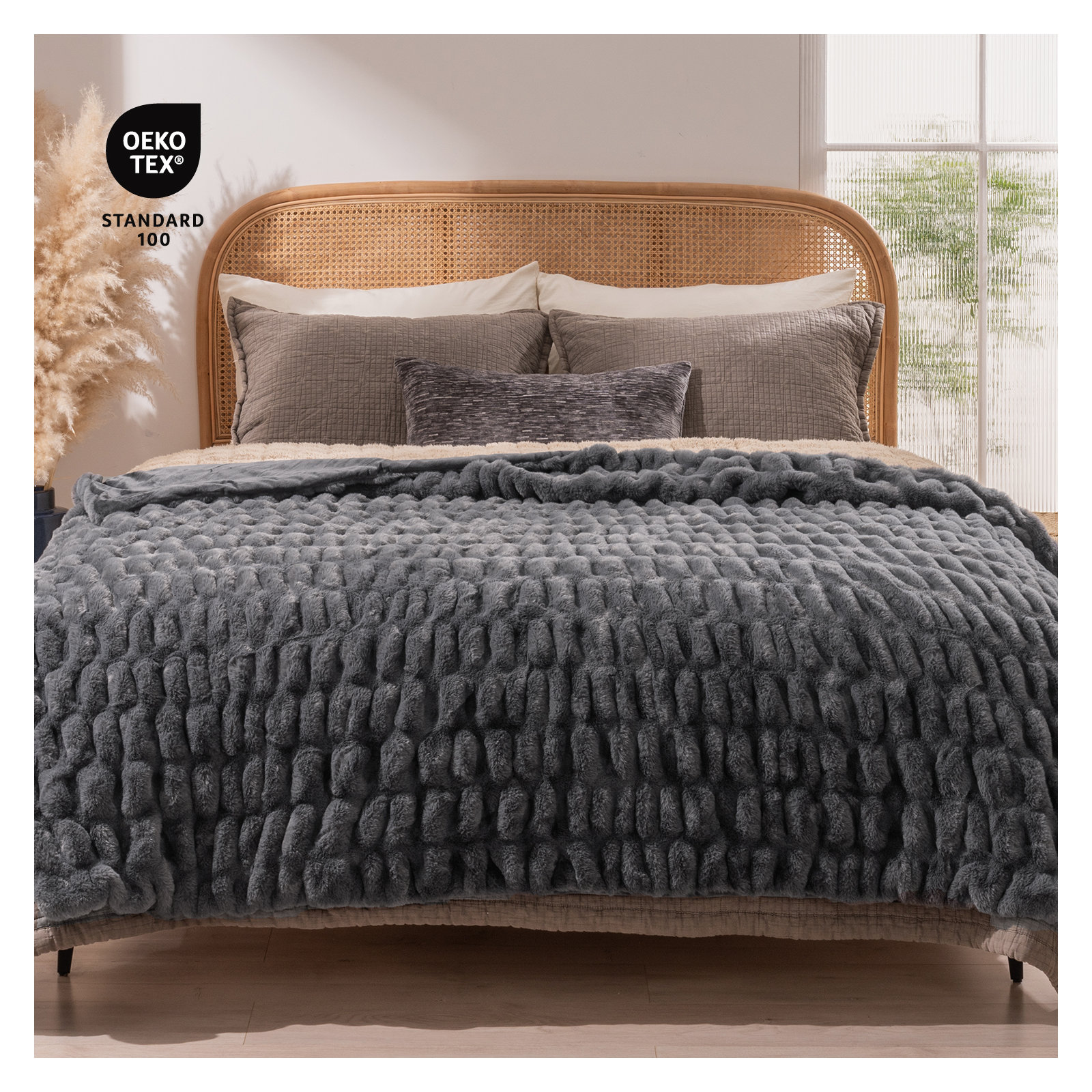 Ruched Bubble Faux Fur Throw Blanket, 50" W x 60" L, Charcoal Gray