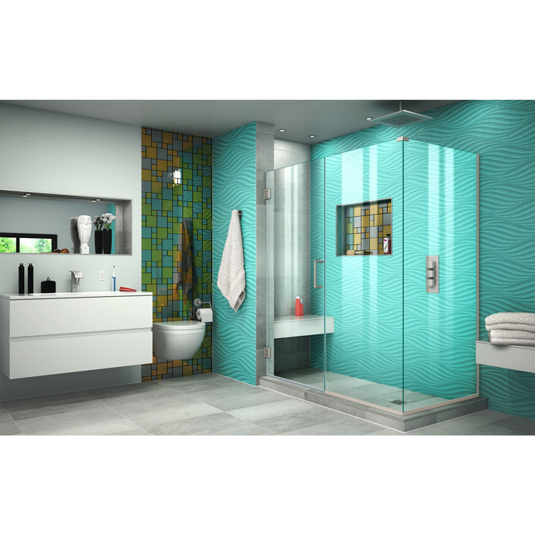 Unidoor Plus 53.5" W x 34.375" D x 72" H Frameless Pivot Rectangle Shower Enclosure with Fixed Panel
