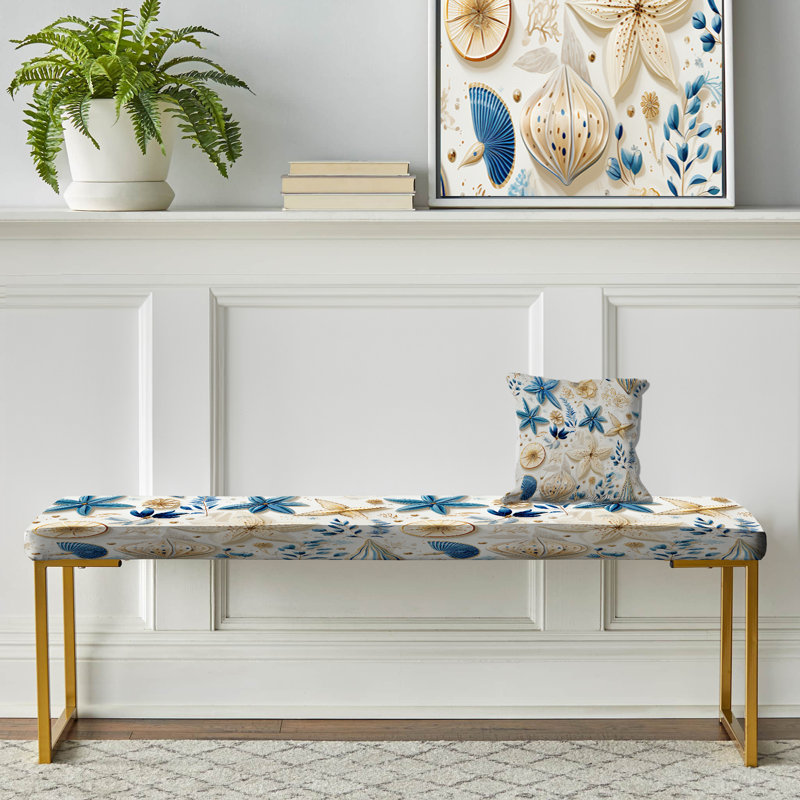 Blue And White Coastal Retreat Seashells II - Floral Upholstered Gold Bench