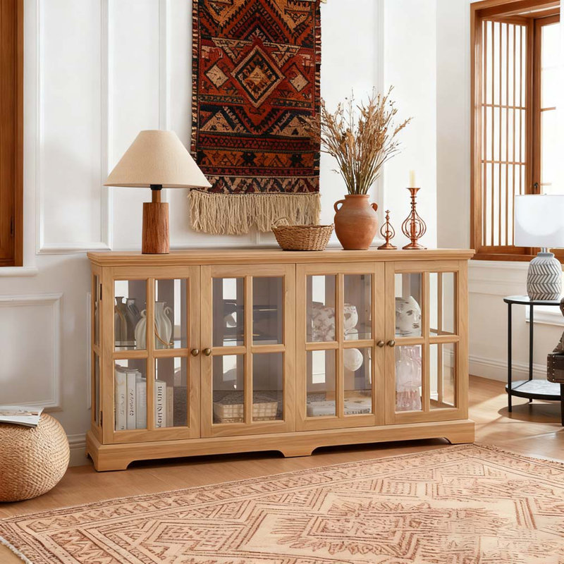 Vitrine à DEL avec vitrine antique avec portes en verre et tablettes réglables, Chêne