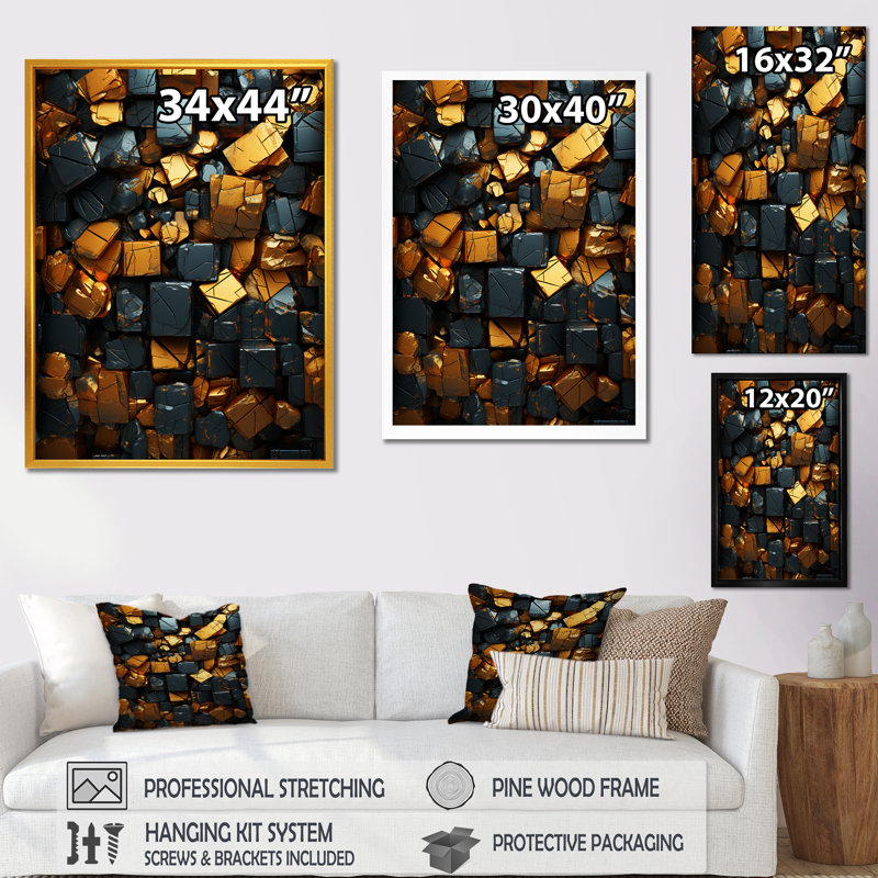 Grunge cubes dorés abstrait géométrique VI - art mural abstrait, Cadre photo noir, H 44 po x l 34 po x P 1,5 po