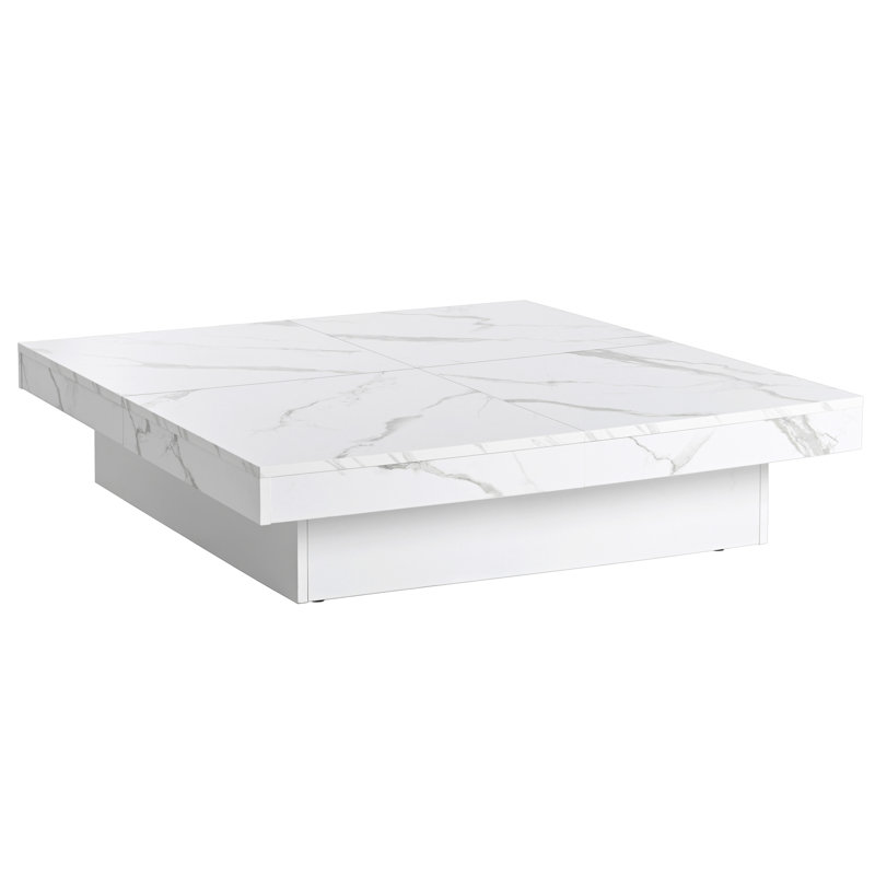 Table basse carrée blanche 39,4 po avec placage de marbre, plateau coulissant et surface de rangement à placage variable, 39,4 po