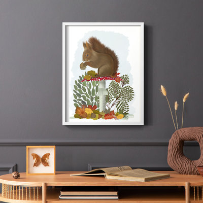 Écureuil roux sur champignon, reproduction encadrée - bois massif