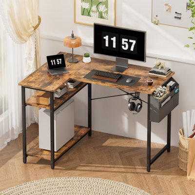 44" office computer desk with 1 large storage pocket and 2 adjustable shelves, space-saving corner desk for home, home office and office, with headpho
