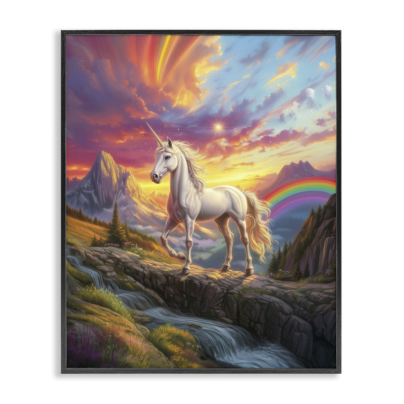 Licorne avec coucher de soleil arc-en-ciel, estampe numérique, conception par Jim Baldwin, H 14 po x l 11 po