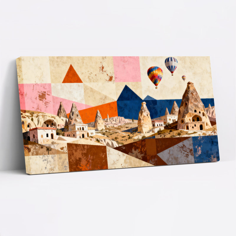 Ensemble de 1 tableau sur toile tendue représentant un paysage géométrique de Cappadoce, H 12 po x l 36 po