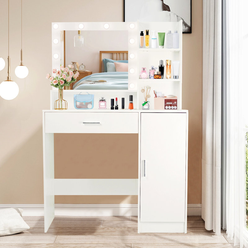 Vanity Desk With Mirror And Lights, Makeup Vanity With Drawer & Storage Cabinet, 3 Lighting Modes Adjustable Brightness, Dressing Table With Open Shelves For Bedroom, Dressing Room, White