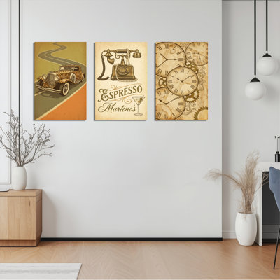 "Vintage Car Espresso Martini", ensemble de 3 reproductions d'art sur toile tendues sur toile