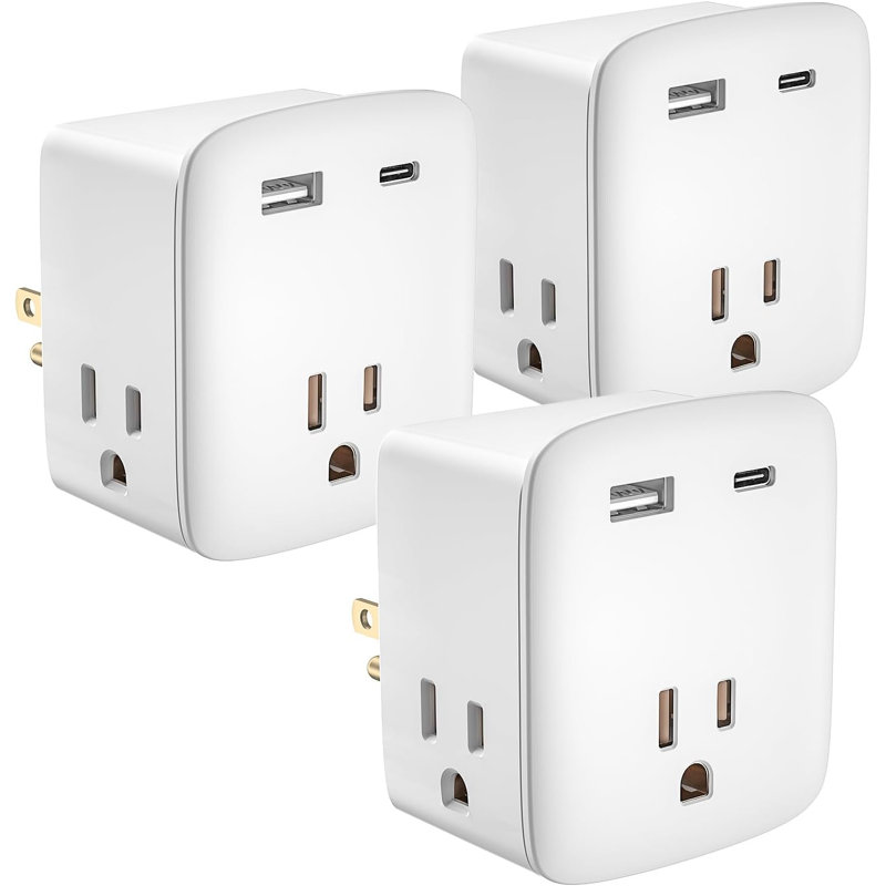 Extension de prise approuvée par KeyPower pour bateau de croisière, multiprise sans protection contre les surtensions avec 3 prises CA et 2 prises USB (1 USB-C), adaptateur multi-fiche, Essentials de voyage, homologué ETL