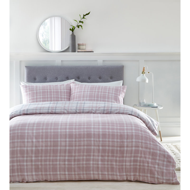 Raffael Flannel Chequered Duvet Cover Set with Pillowcases Included, Blush Pink, Single - 1 Standard Pillowcase