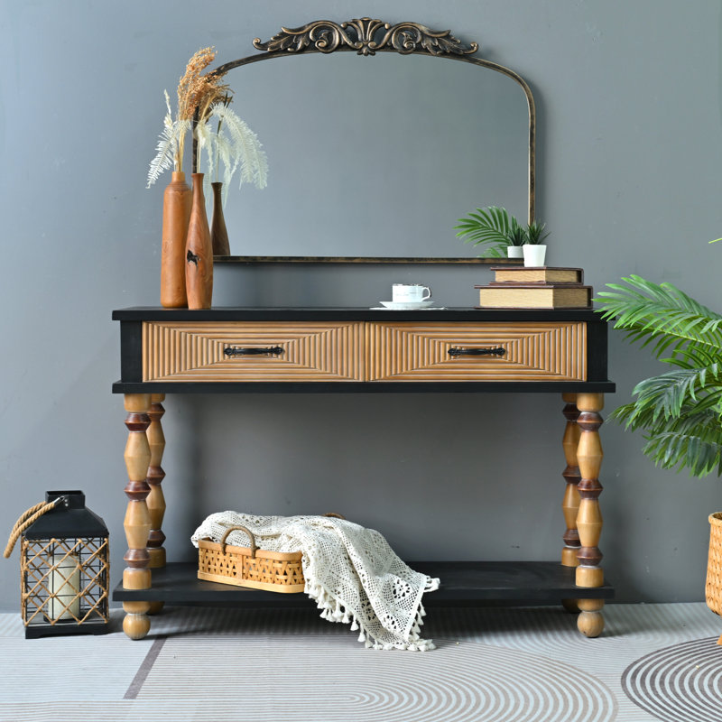 Console facile à assembler en bois massif sculpté rustique 47,64 po avec pieds pivotants, console rectangulaire de salon avec tablette ouverte et 2 tiroirs