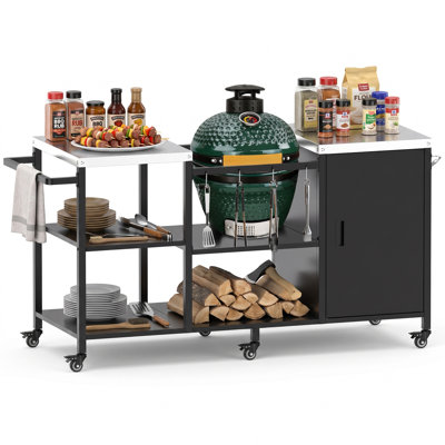 Support pour îlot de cuisine extérieur pour Big Green Egg et Kamado Joe Jr, table de préparation en acier inoxydable 304, rangement réglable, capacité de 520 lb, station de barbecue portable facile à installer