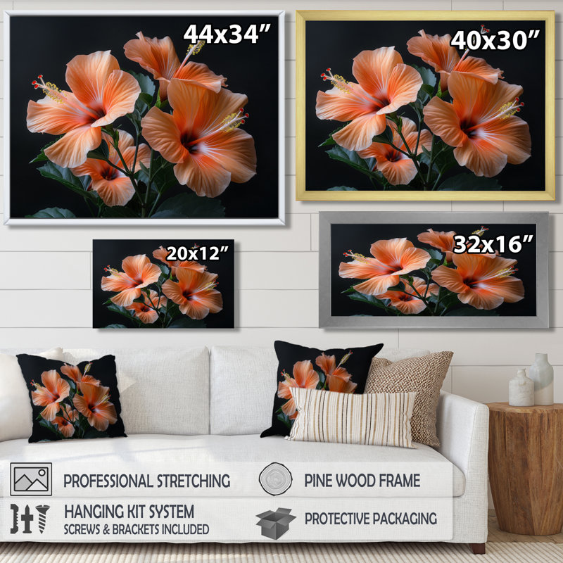 Hibiscus fusion rose rose et noir - Hibiscus, H 12 po x l 20 po x P 1 po, Toile encadrée noire simple