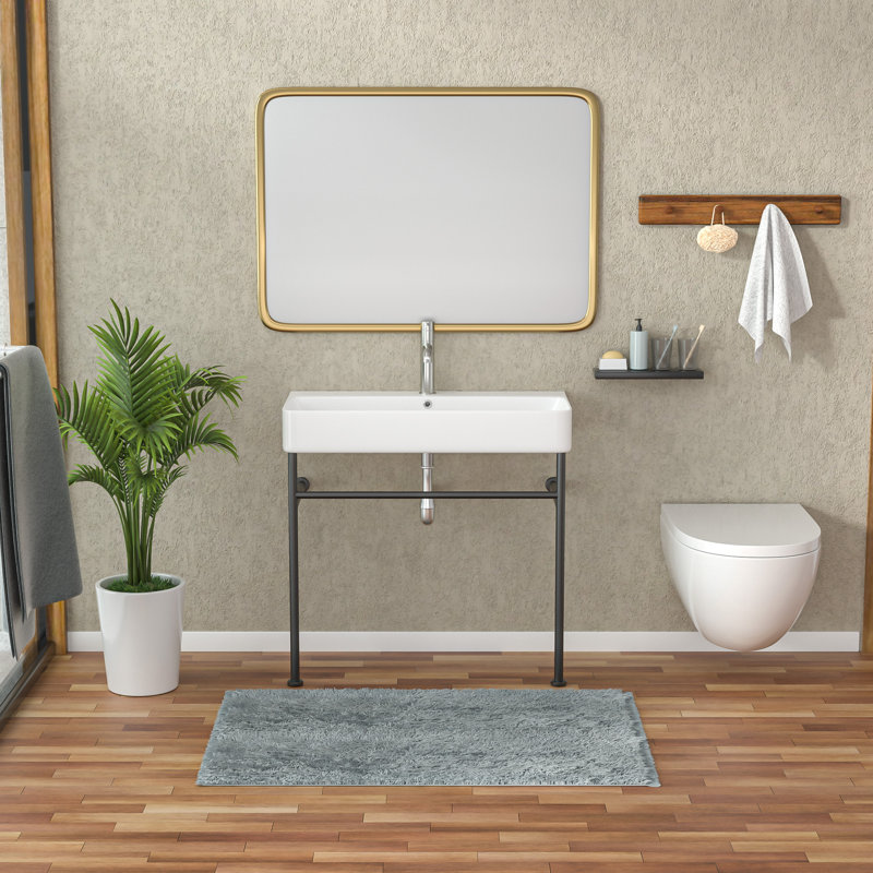 Lavabo console rectangulaire en céramique blanche de 35 po de hauteur avec trop-plein, Noir
