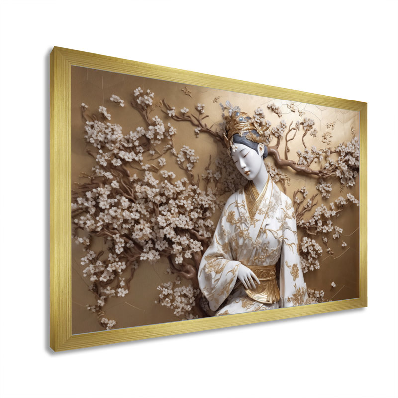 Statue de femme japonaise sur toile, impression, Cadre doré simple, H 30 po x l 40 po x P 1,5 po