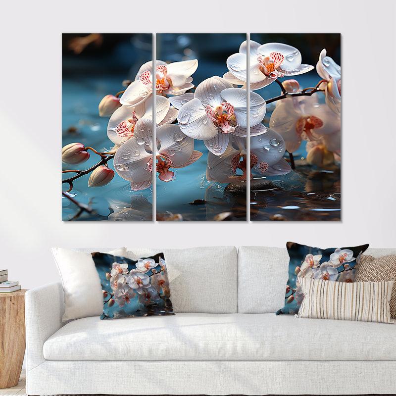 «Aquamarine Orchids Sway By A Tranquil Pond I», ensemble de reproductions d'art mural orchidées, H 32 po x l 48 po x P 1 po