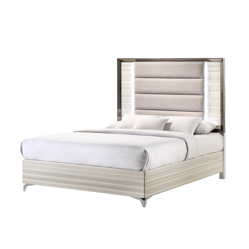 Grand lit Star blanc avec DEL - Design contemporain, espace de rangement abondant, fabrication en bois massif, 14 lattes fournies, 4 pieds de support centraux fixes, 2 interrupteurs électriques, 82,36 po Profondeur