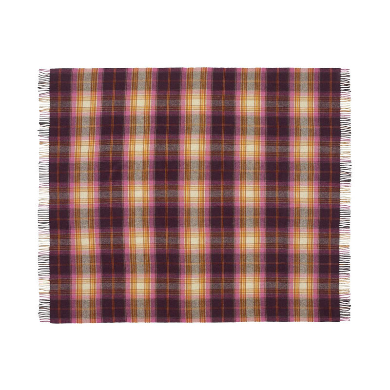 Jeté tissé en laine d'agneau Merino, Rouge / beige / rose / damier orange
