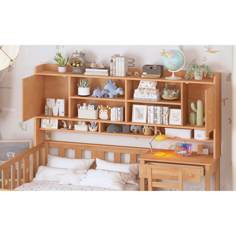 Lit simple en bois avec bureau axé sur la productivité, bibliothèque et chaise, plateforme naturelle Caractéristiques multifonctionnelles: chaise intégrée