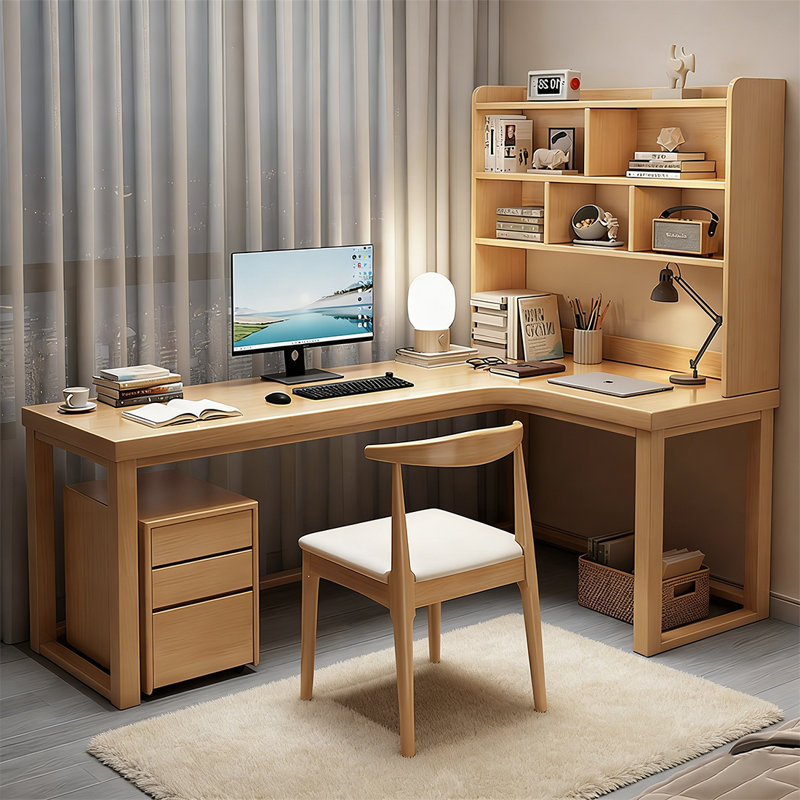Bureau d'angle en L en bois massif avec bibliothèque intégrée, H 74,8 po x l 55,12 po x P 39,37 po, Right Hand Return
