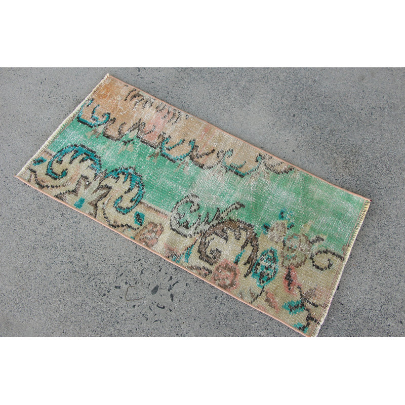 Small Vintage Green Oushak Turkish Rug Ideal as a Door Mat for Home Decor and a Thoughtful Gift for Her