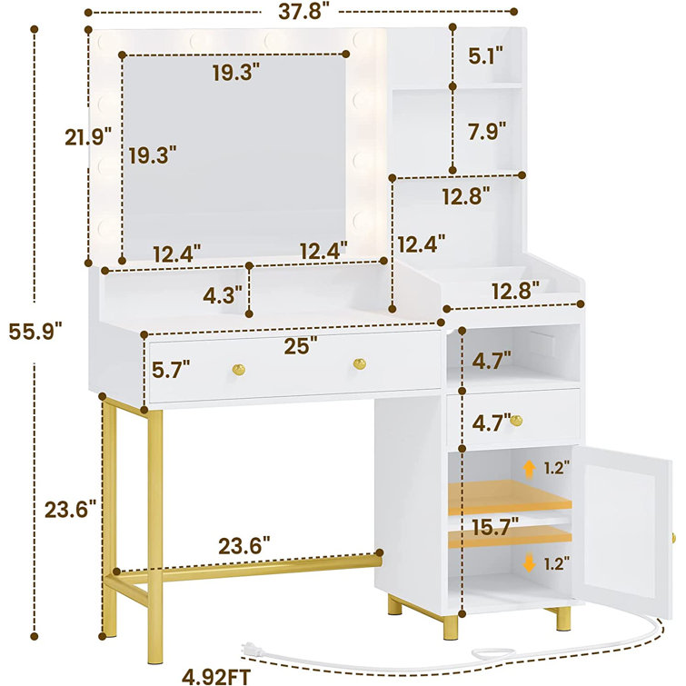 Latitude Run® Jamaiyah Large Vanity Desk with Storage Shelves, 5 Drawers,  Glass Cabinet