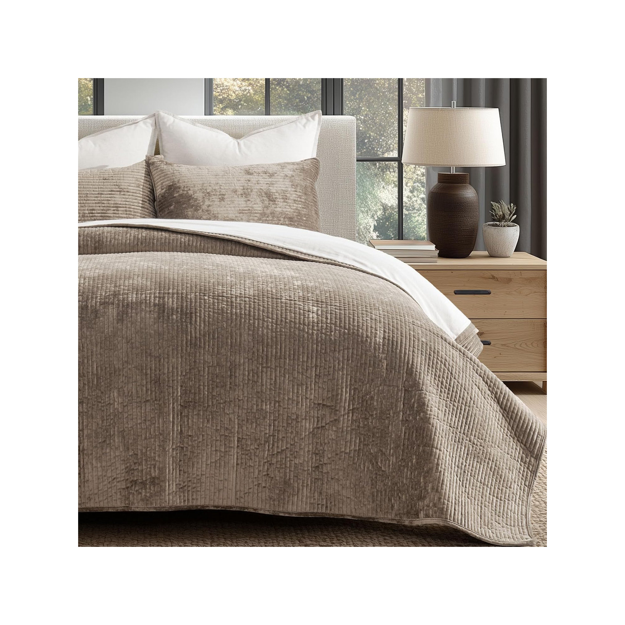Striped Channel Velvet Quilt Set, Natural Tan, Queen