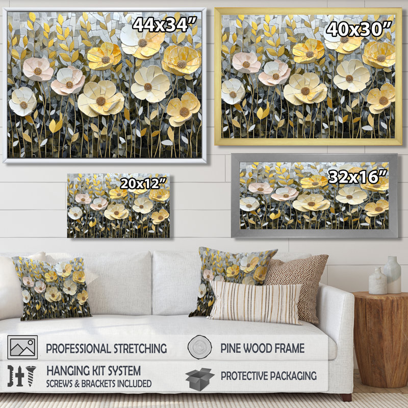 Géométrique, coquelicots gris, mosaïque, champ II - coquelicots, art mural, 34" H x 44" W, Cadre flottant blanc