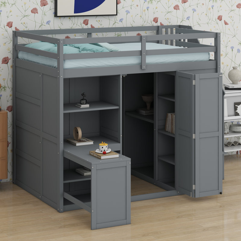 Lit mezzanine avec garde-robe, bureau et tablettes, Gris