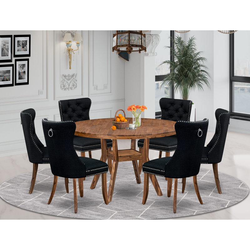 L'ensemble de salle à manger moderne 7 pièces se compose d'une table en bois et de 6 chaises modernes en tissu de polyester noir avec dossier capitonné - Noir sablé