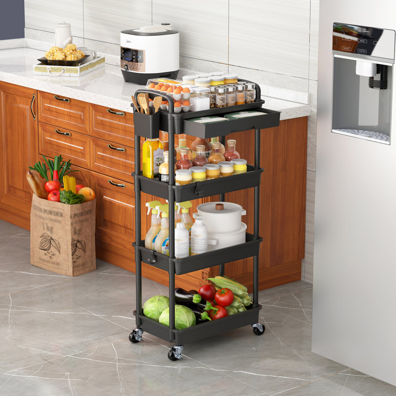 Rolling Cart with Drawer & Lockable Wheels, Plastic Shelf Storage Organizer Cart, Black, 4 Tier