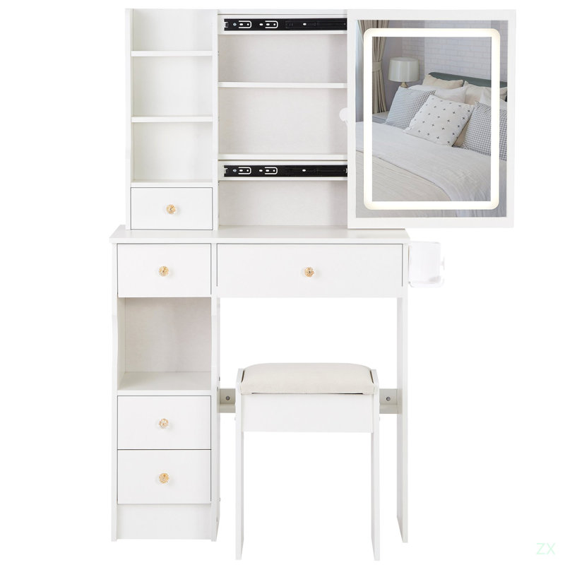 29.2" Small Size Left Drawer Desktop Vanity Table + Cushioned Stool, White