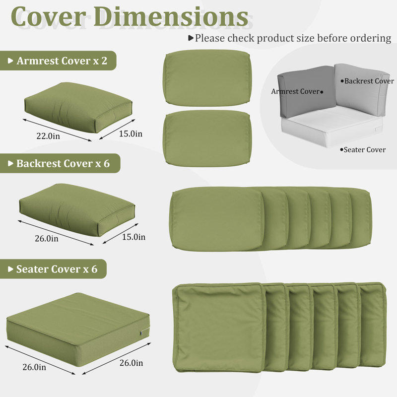 14 Pcs Outdoor Cushion Slipcovers All-Weather Patio Cushion Covers For Outdoor Furniture, Covers Only, Sage