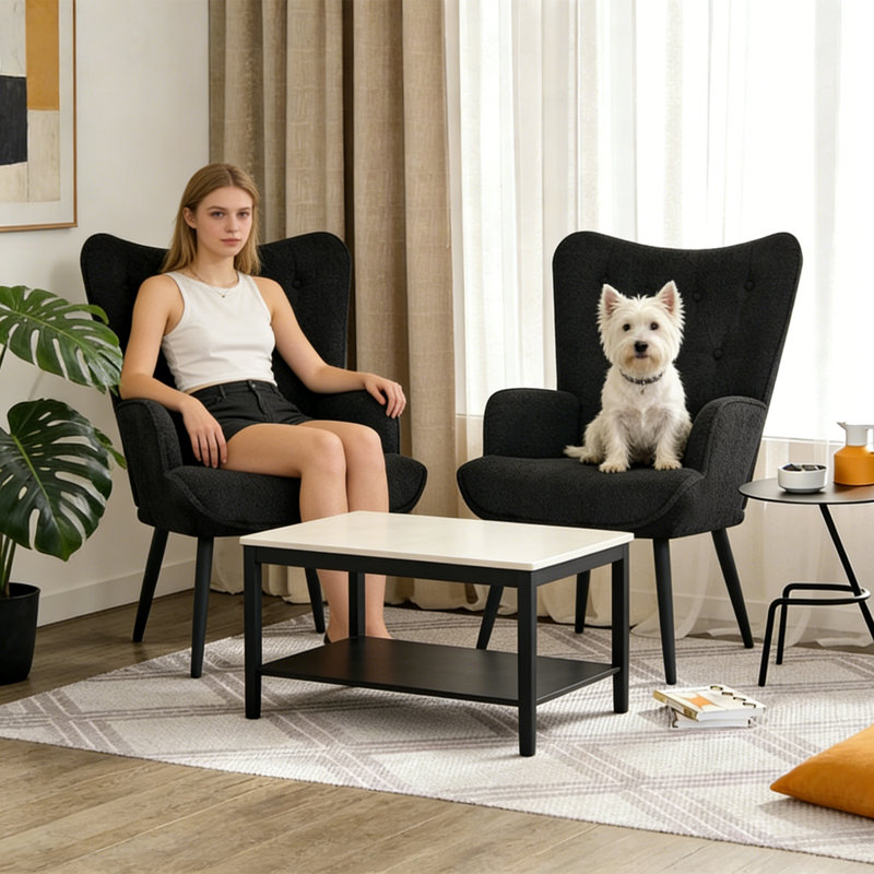 Modern Upholstered Wingback Chair Faux Fur Tufted Armchair with Metal Legs, Black  Boucle