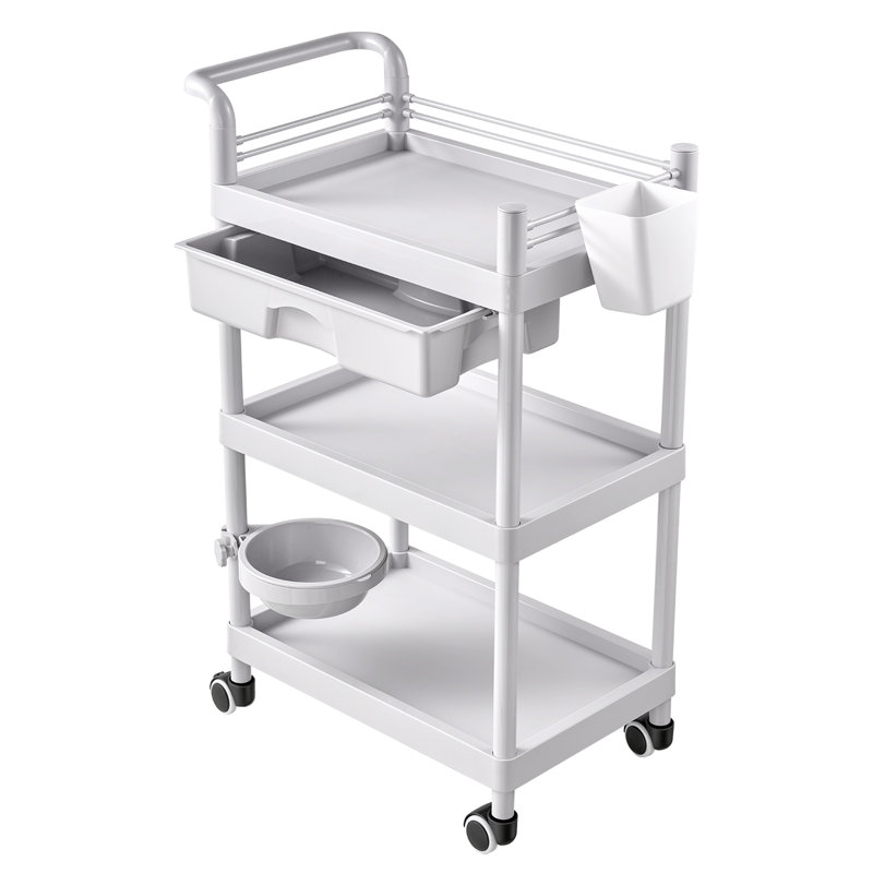 Three-Tier Medical Trolley Cart with Drawer, 110.23 lbs Capacity, Ideal for Clinics, Hospitals, Salons, and Labs, Features Storage Bin, Waste Tray, and Smooth-Rolling Casters for Easy Mobility