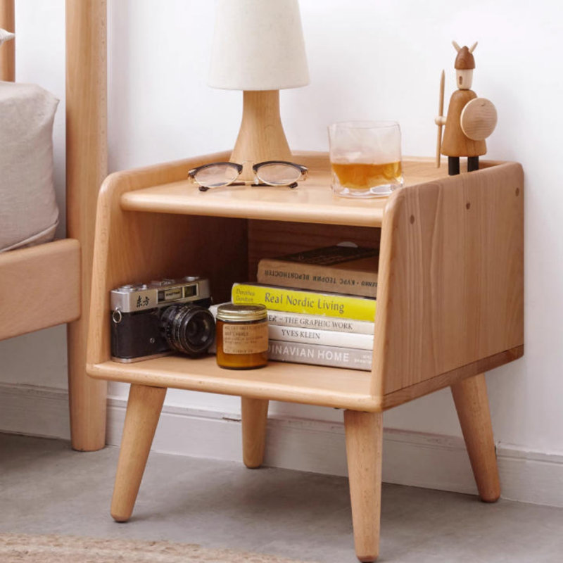 Table de chevet en bois massif de style nordique minimaliste moderne de 15,75 pouces, table d'appoint de salon, structure en hêtre, deux tablettes ouvertes, couleur bois naturel