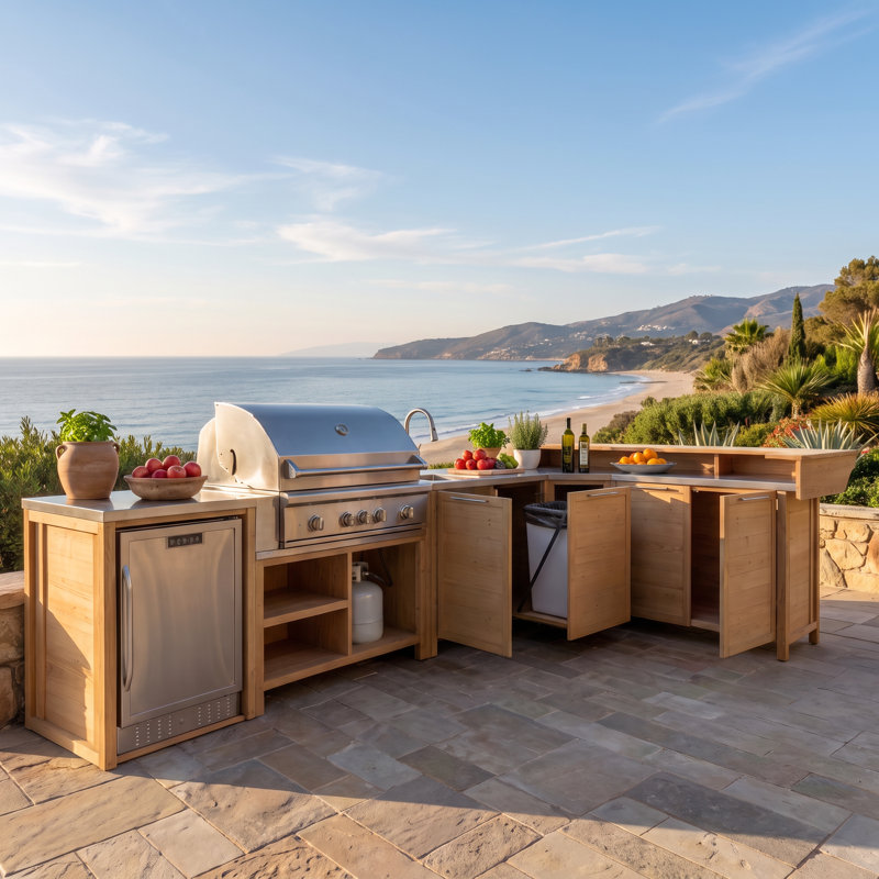 Ensemble de cuisine d'extérieur en cèdre en forme de U 6 pièces avec évier, station de barbecue, rangement et centre de bar - Naturel