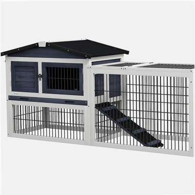 Cage à lapins d'extérieur à 2 niveaux avec plateau ouvrable PawHut, grande cage à lapins en bois 59 po avec toit imperméable, plateau amovible, rampe, gris foncé