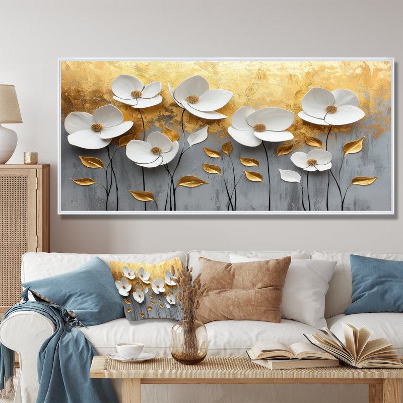 Mcnear - Floral Large Wall Art, H 28 po x l 60 po, Cadre flottant, Blanc