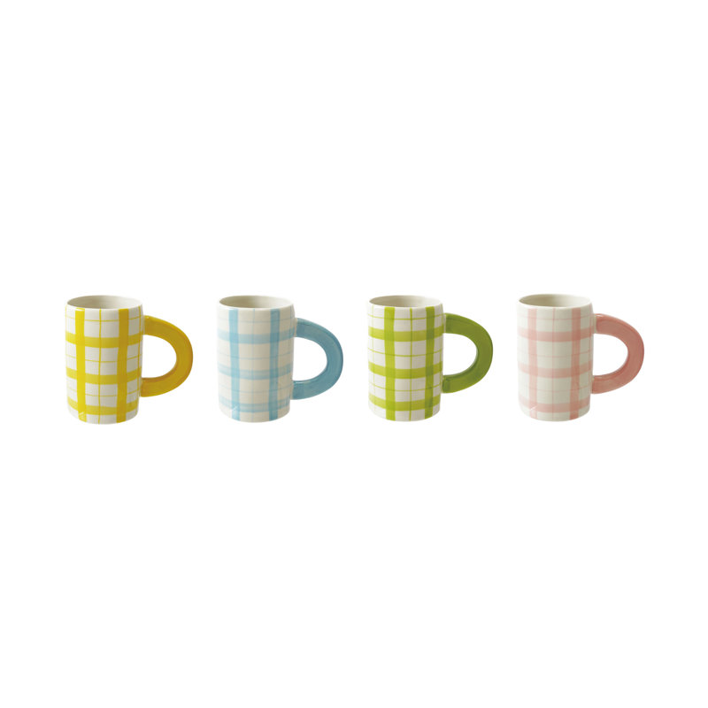 Hand-Painted Stoneware Plaid Mug Set