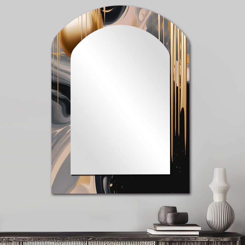 Gold and Black Mystic MÚlange I - Abstract Shapes Asymmetrical Mirror, Gold Arch Unique Wall Mirror, Printed Metal Art