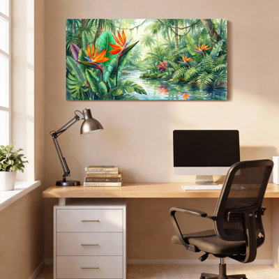 Tropical Jungle With Bird Of Paradise Flowers Canvas Wrapped Wall Art Oil Painting Print Set Of 1